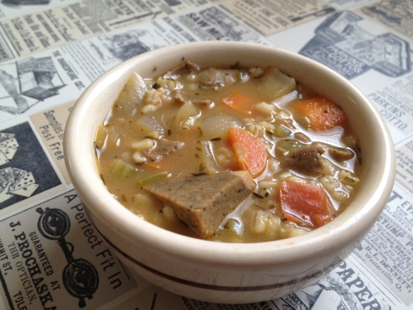 vegan beef with barley soup