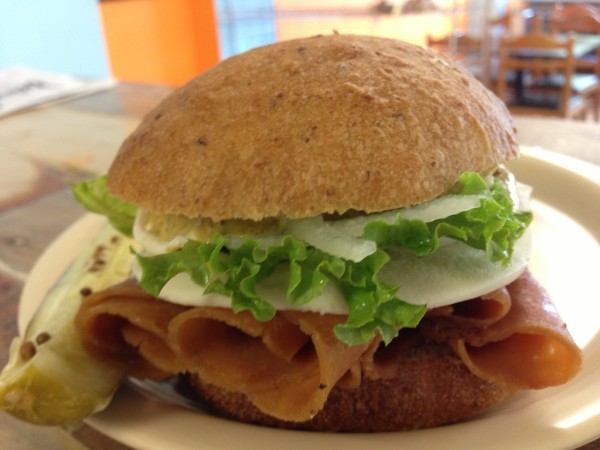 vegan ham and swiss on a pineapple roll