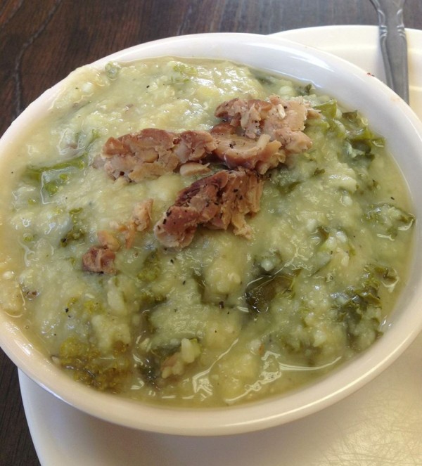 vegan lentil soup with greens and tempeh bacon